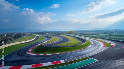 Detailed aerial photo of race track with red and white curbstones surrounding landscape includes green fields.