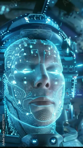 Wallpaper Mural Cyborg internet god face in digital machinery room technology background animation - alien looking and using smartphone social media. alien with phone. 4k 9x16 vertical new stock video footage Ai. Torontodigital.ca