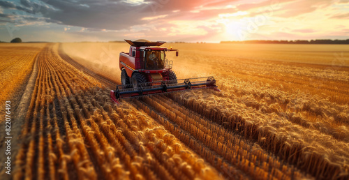 A red tractor is actively driving across a vast field, surrounded by greenery and under a clear sky.