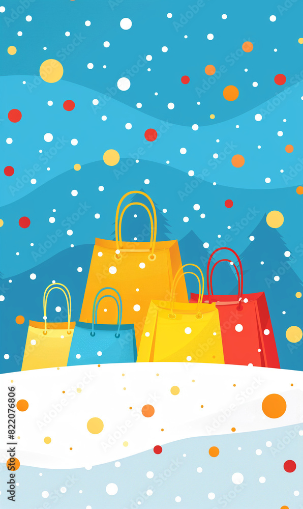 Fototapeta premium The background is blue, with colorful shopping bags on the snow and polka dots in bright colors. It features flat illustrations, simple lines, minimalism, and high-definition vector graphics.
