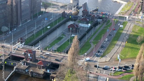 View of the Gemaal Parksluizen weir from the Euromast Observation Tower in Rotterdam, Netherlands photo