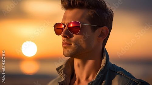 man with sunglasses staring away from the camera at sunset on the beach
