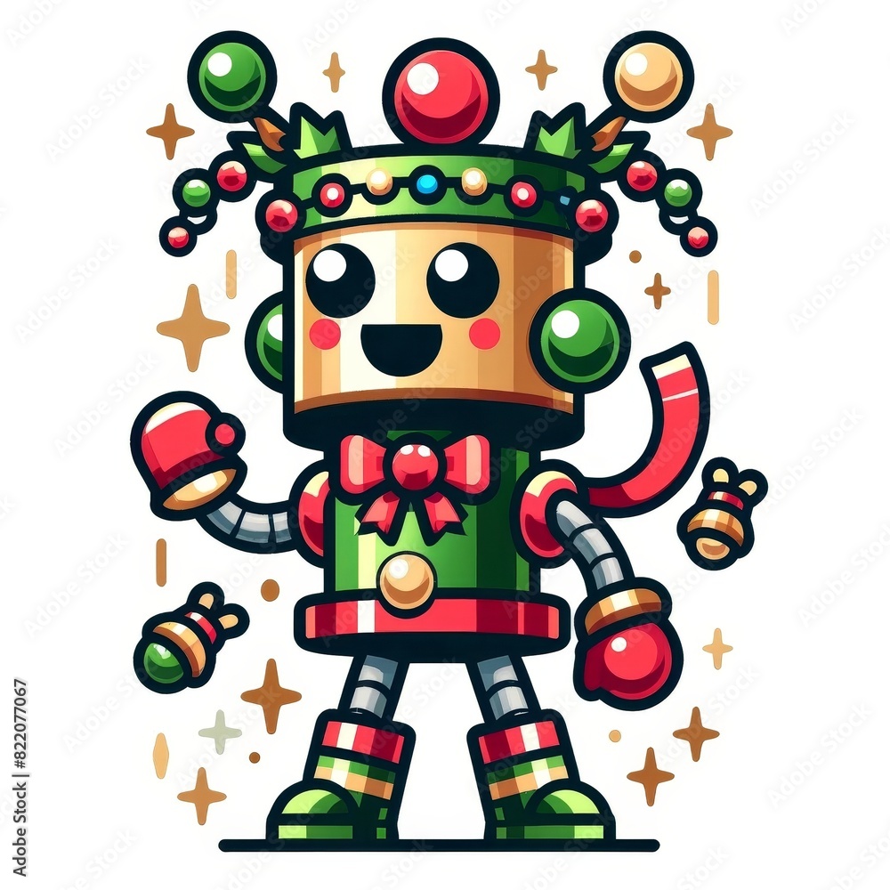 A robot with a green hat and a bow on its head A robot with a green hat and a bow on its head