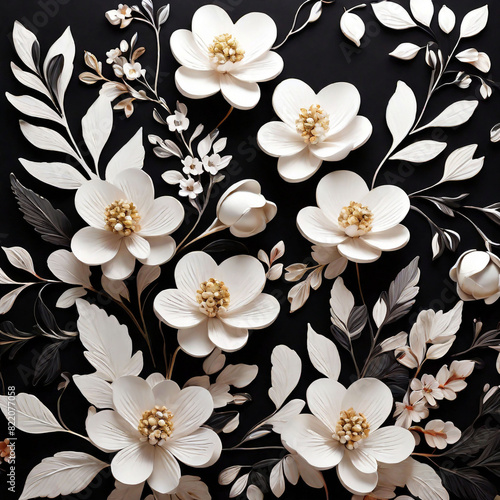PNG Flowers with white leaves on a black background