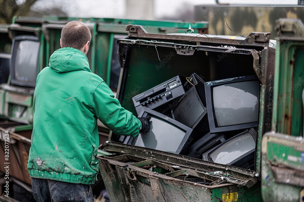 Man dropping off old devices at e-waste recycling center, environmental sustainability. Man dropping off old devices at e-waste recycling center, environmental sustainability.