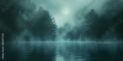 A spooky Halloween night with eerie sounds emanating from a haunted forest  illuminated by moonlight and fog.