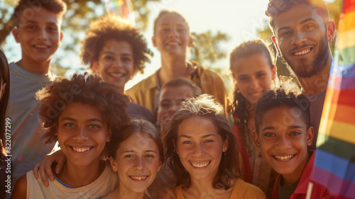 Diverse Young People Smiling and Embracing with Rainbow Flag at Outdoor Event