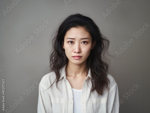 Ivory background sad Asian Woman Portrait of young beautiful bad mood expression Woman Isolated on Background depression anxiety fear burn out health 