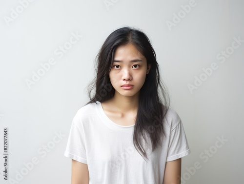 Ivory background sad Asian Woman Portrait of young beautiful bad mood expression Woman Isolated on Background depression anxiety fear burn out health 