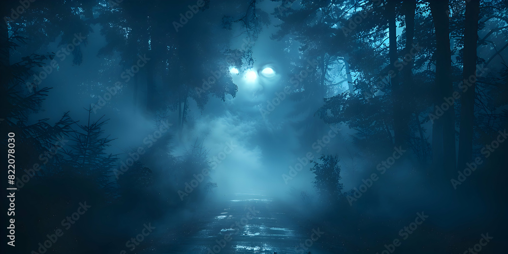 Naklejka premium A spooky Halloween night with frightening faces appearing in the shadows, illuminated by moonlight and fog.
