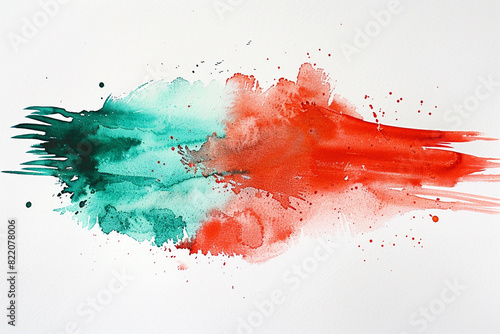 Bold scarlet and jade strokes painted in watercolor against a background of pure white.