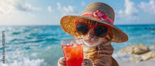 Funny, chilled cat in sunglasses and a straw hat relaxing on the beach with a cocktail in his hand.