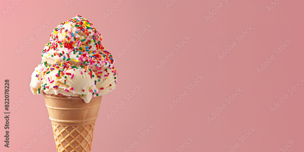 An ice cream cone with sprinkles isolated on a pink background, copy space An ice cream cone with sprinkles isolated on a pink background, copy space