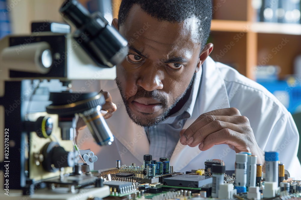 Engineer analyzing circuit boards for precious metals extraction in e-waste recycling process. Engineer analyzing circuit boards for precious metals extraction in e-waste recycling process.