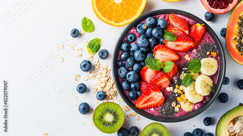 Delicious smoothie bowl with fresh fruits blueberries