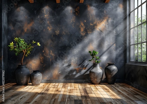 Modern interior design of an empty wall mockup in a living room with a black background and wood floor, a vase on a shelf, a concrete texture, minimal style, 3D rendering photo