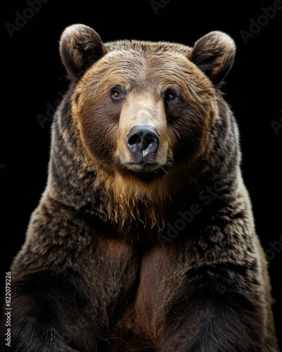 the Grizzly Bear , portrait view, white copy space on right Isolated on black background