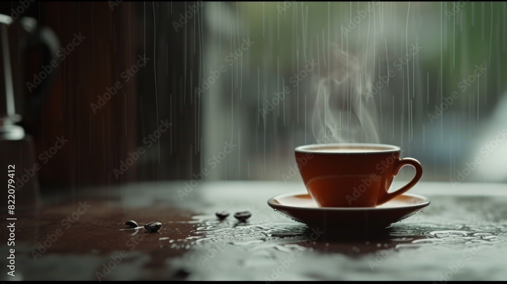 A steaming cup of coffee sits on a rainy table, evoking a sense of warmth and comfort amidst a drizzly backdrop. A steaming cup of coffee sits on a rainy table, evoking a sense of warmth and comfort amidst a drizzly backdrop.