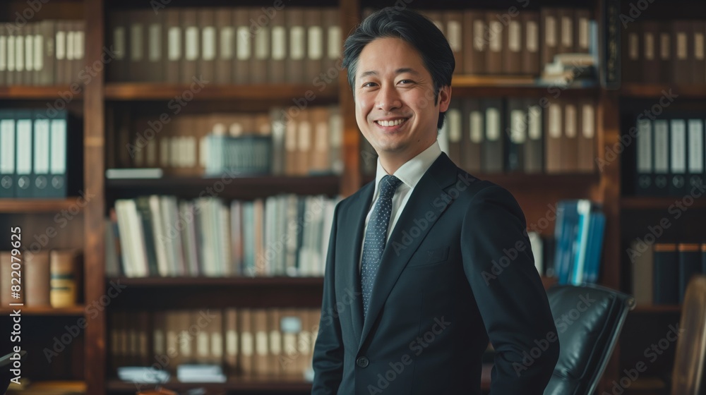 Professional Asian Businessman in Formal Suit Smiling in Office Library Setting for Corporate and Business Concepts Professional Asian Businessman in Formal Suit Smiling in Office Library Setting for Corporate and Business Concepts