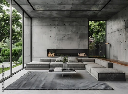 Modern living room with concrete walls, fireplace and large windows overlooking the garden © Waqar
