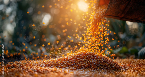 Corn is being poured from a container onto a growing pile, illuminated by the warm, golden glow of sunset in a rural field. photo