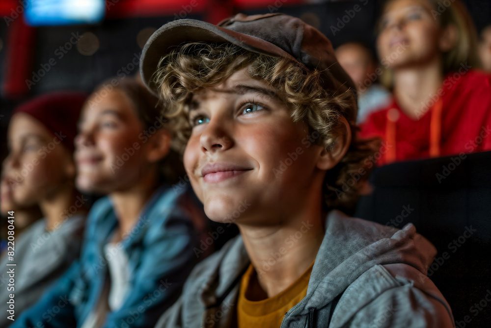 Teenage Boy Watching a Movie with Friends at the Cinema Teenage Boy Watching a Movie with Friends at the Cinema