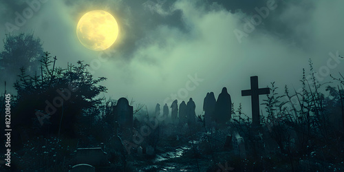 A spooky Halloween night with ghouls moving through a graveyard, illuminated by moonlight and fog.