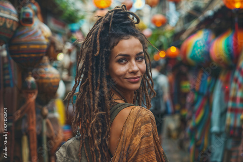 Traveler with Dreadlocked Hairstyle and Bohemian Outfit in Vibrant Market