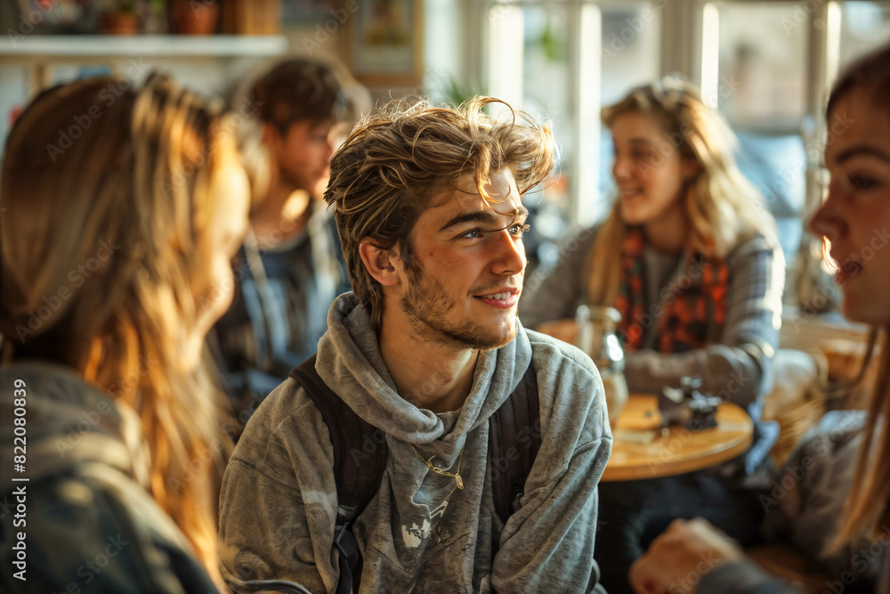 Young Adults Engaging in a Lively Discussion at a Cafe