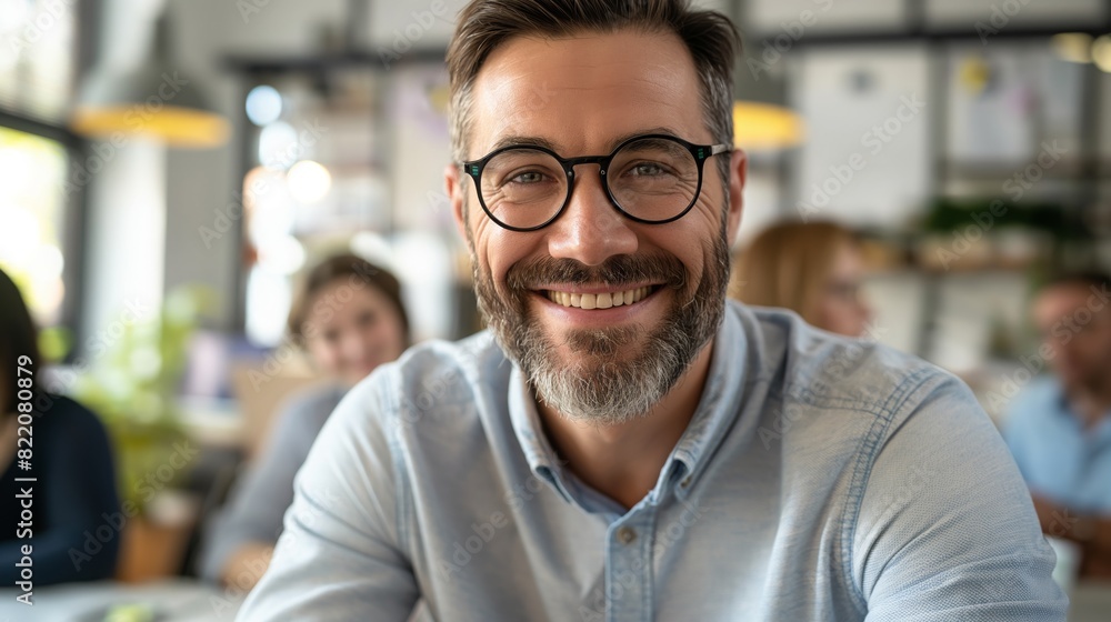 Fototapeta premium Diverse Business Meeting with Smiling Bearded Male Professional in Modern Office Setting