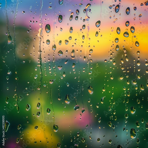 Evening landscape with raindrops on the window glass. A magical spectacle of nature, the play of light and shadow in the dance of water