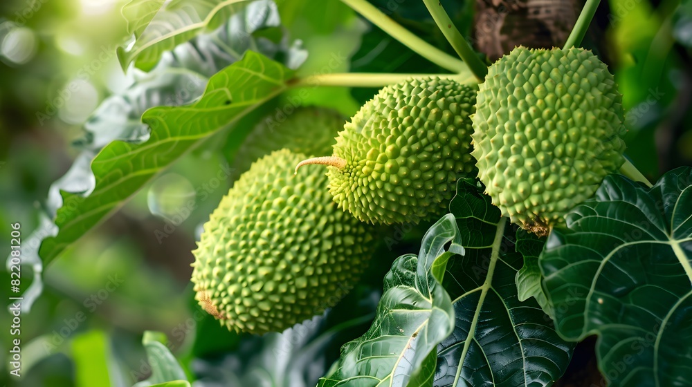 Breadfruit on breadfruit tree with green leaves in the garden Breadfruit on breadfruit tree with green leaves in the garden