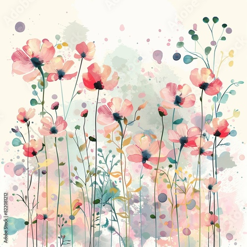 Watercolor illustration of delicate flowers, graceful petals of pastel shades create an airy composition that conveys the subtle beauty of nature. Fine strokes and soft transitions of shades emphasize