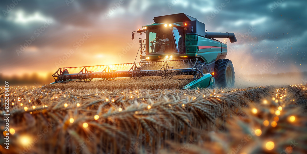 Fototapeta premium A blue and green combiner machine working in a golden wheat field under a clear sky.