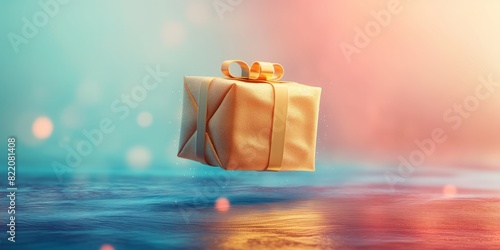 Gold gift with gold ribbon. A gift flies in the air. Levitation.