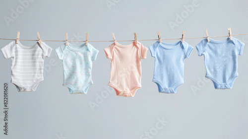 Different baby onesies hanging on clothes line against