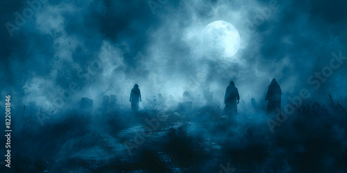 A spooky Halloween night with shadowy figures moving through a graveyard, illuminated by moonlight and fog.