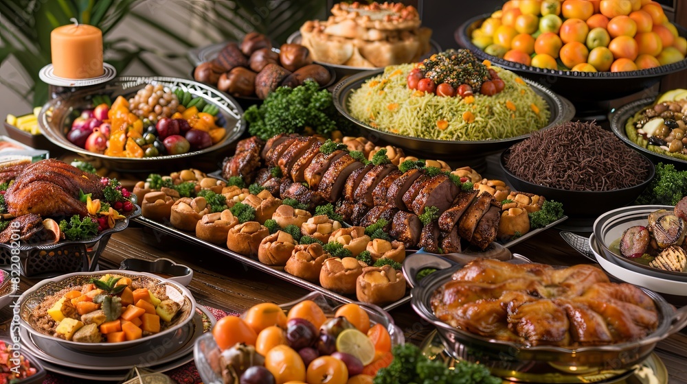Obraz premium Delight in Eid-al-Adha Festive Table Spread with Culinary Wonders