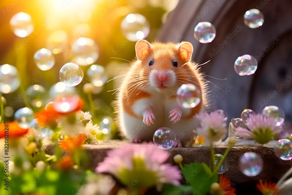 A cute, curious hamster pauses its exploration of a grassy field or meadow to stand up on its hind legs and look up at the sky with its paws in front of it in rural soap bubbles A cute, curious hamster pauses its exploration of a grassy field or meadow to stand up on its hind legs and look up at the sky with its paws in front of it in rural soap bubbles