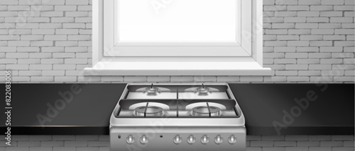 Kitchen cooktop with steel gas stove, window and white brick wall. Realistic 3d vector illustration of black glossy surface for cooking with hob. Empty restaurant or home cuisine interior mockup.