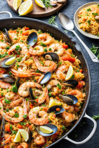 Close Up Of Delicious Seafood Paella In Pan With Serving Spoon