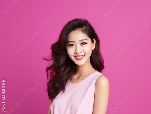 Magenta background Happy Asian Woman Portrait of young beautiful Smiling Woman good mood Isolated on Background Skin Care Face Beauty Product Banner with copyspace 