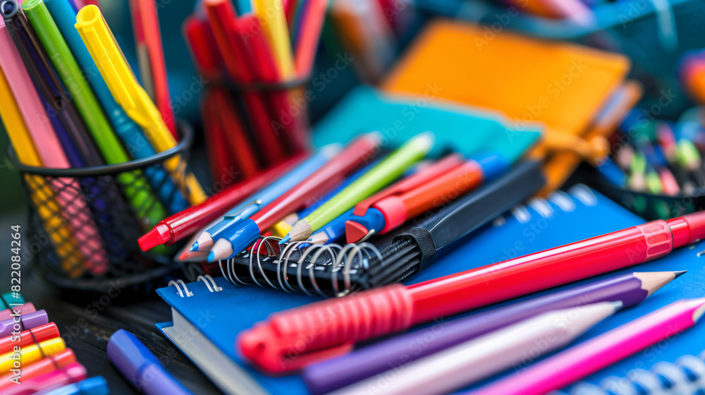 Different stationery on table closeup. background to school
