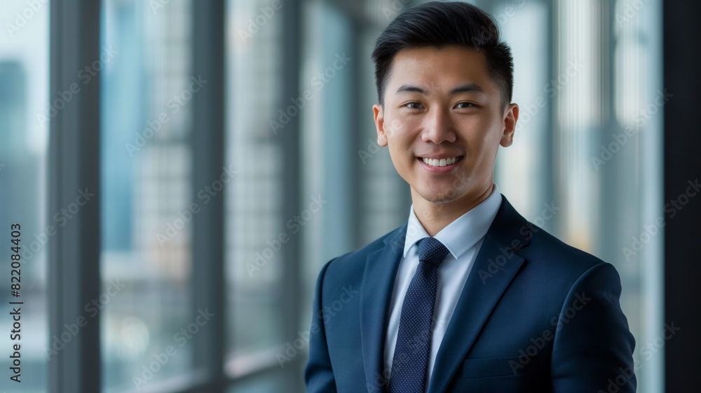 Professional Businessperson Smiling in Corporate Office Setting, Suit and Tie, Natural Light, Modern Workspace Professional Businessperson Smiling in Corporate Office Setting, Suit and Tie, Natural Light, Modern Workspace