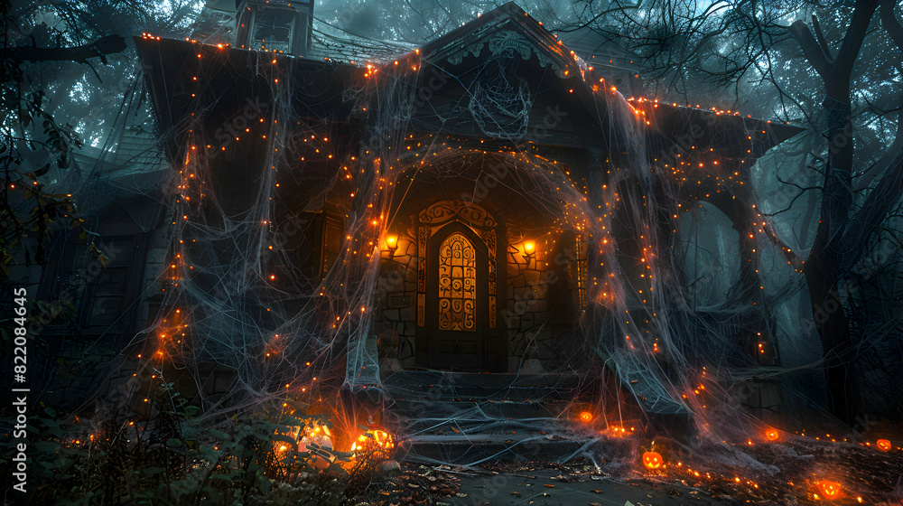 Fototapeta premium A spooky Halloween scene with cobwebs covering a haunted house porch, illuminated by eerie lighting
