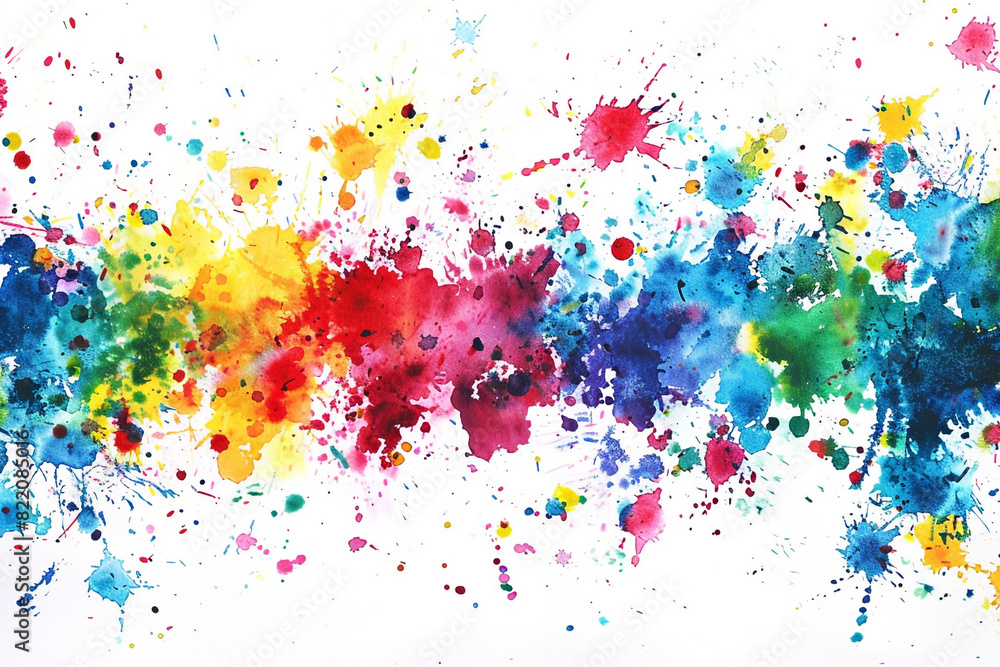 Playful splatters create dynamic watercolor border on white, abstract splatter background.