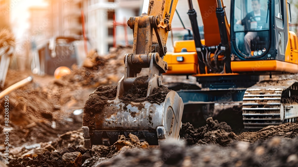Closeup bucket of backhoe digging the soil at construction site. Crawler excavator digging on demolition site. Excavating machine. Earth moving equipment. Excavation vehicle Closeup bucket of backhoe digging the soil at construction site. Crawler excavator digging on demolition site. Excavating machine. Earth moving equipment. Excavation vehicle
