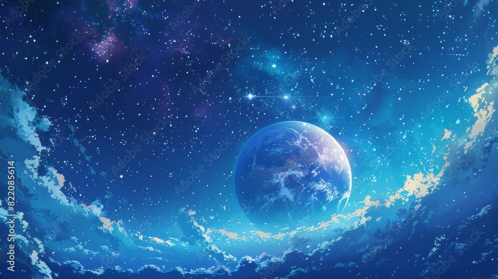 Naklejka premium A vibrant image of the Earth floating in a clear, blue sky, surrounded by stars and cosmic dust, representing the vastness of the universe and our place within it, and evok