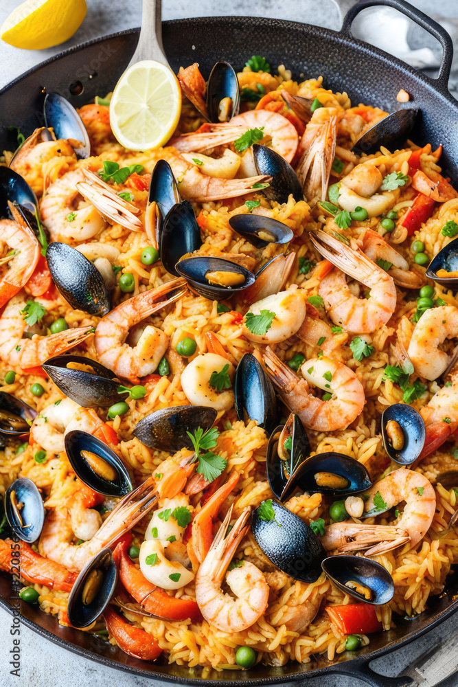 Close Up Of Delicious Seafood Paella In Pan With Serving Spoon Close Up Of Delicious Seafood Paella In Pan With Serving Spoon