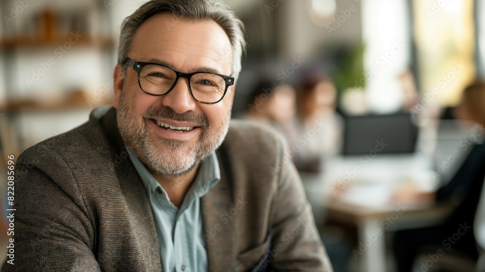 Friendly Middle-Aged Man in Casual Business Attire Smiling in a Modern Office Setting, Emphasizing Leadership, Teamwork, and Professionalism Friendly Middle-Aged Man in Casual Business Attire Smiling in a Modern Office Setting, Emphasizing Leadership, Teamwork, and Professionalism